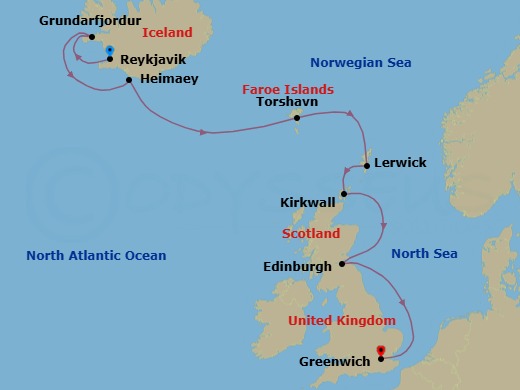 10 Night - Reykjavik / London (Greenwich), England - Evrima - Starting in Reykjavik, Grundarfjordur, Heimaey Island, Torshavn, Lerwick, Shetland Islands, Kirkwall, Scotland, Edinburgh, Scotland, London (Greenwich), England itinerary map