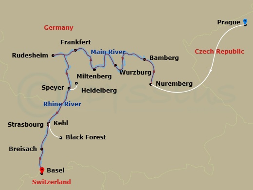 11 Night - Christmastime from Nuremberg to Basel with in Prague - Avalon View Tours - Starting in Prague, Czech Republic, Prague, Prague / Nuremberg, Germany (Embarkation), Nuremberg, Bamberg, Wurzburg, Miltenberg, Frankfurt Excursion to Rudesheim, Speyer Excursion to Heidelberg, Kehl Excursion to Strasbourg, France, Breisach, Germany Excursion to Black Forest, Basel, Switzerland (Disembarkation) itinerary map