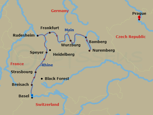 11 Night - Christmastime from Basel to Nuremberg with in Prague - Avalon View Tours - Starting in Basel, Switzerland (Embarkation), Breisach, Germany Excursion to Black Forest, Strasbourg, France, Speyer, Germany / Heidelberg Excursion, Frankfurt Excursion to Rudesheim, Main River Village, Wurzburg, Bamberg, Nuremberg, Nuremberg (Disembarkation) Prague, Czech Republic, Prague itinerary map