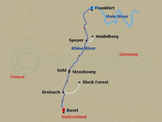 4 Night - Christmastime in Alsace & Germany (Southbound) - Avalon View - Starting in Frankfurt, Germany (Embarkation), Speyer Excursion to Heidelberg, Kehl Excursion to Strasbourg, France, Breisach, Germany Excursion to Black Forest, Basel, Switzerland (Disembarkation) itinerary map
