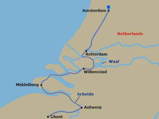 7 Night - Tulip Time Cruise - Avalon View - Starting in Amsterdam, the Netherlands (Embarkation), Rotterdam, Antwerp, Belgium, Ghent, Middelburg, The Netherlands, Willemstad AN, Amsterdam, Amsterdam (Disembarkation) itinerary map