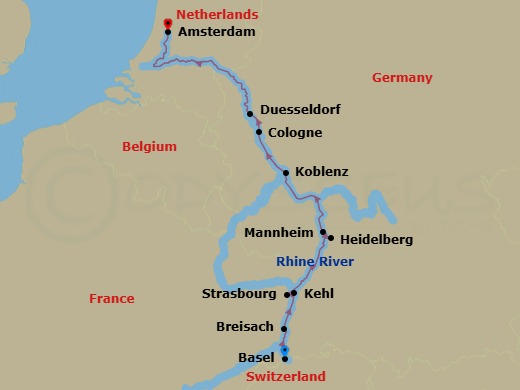 7 Night - Jewels of the Rhine - Emerald Sun - Starting in Basel (Breisach), Breisach, Kehl / Strasbourg, Mannheim (Heidelberg), Koblenz, Cologne / Dusseldorf, Amsterdam itinerary map