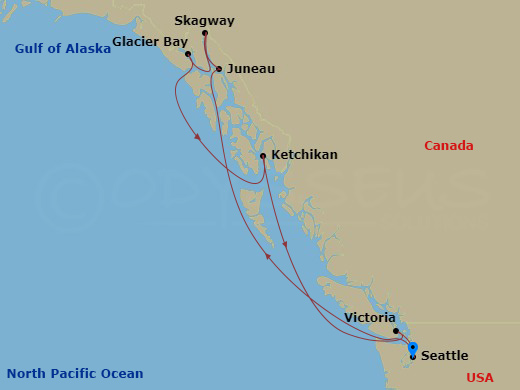 7 Night - Alaska - Seattle - Norwegian Encore - Starting in Seattle, Wa, Juneau, Ak, Skagway, Ak, Cruise Glacier Bay, Ak, Ketchikan (Ward Cove), Ak, Victoria CA, Canada, Seattle, Wa itinerary map