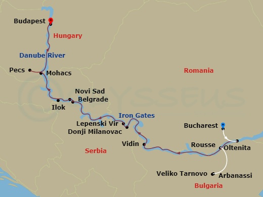 9 Night - The Danube from Romania to Budapest with in Bucharest - Avalon Passion Tours - Starting in Bucharest, Romania, Bucharest, Rousse, Bulgaria Veliko Tarnovo and Arbanassi Excursion, Vidin, Iron Gates Gorge / Golubac, Serbia Excursion to Lepenski Vir, Belgrade, Novi Sad, Ilok, Croatia, Baja, Hungary Excursion to Pecs and Mohacs, Budapest (Disembarkation) itinerary map