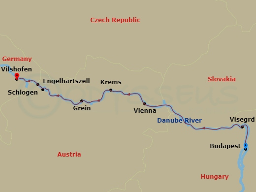 7 Night - Active & Discovery On the Danube (Westbound) - Avalon Passion - Starting in Budapest, Hungary (Embarkation) Danube Bend, Visegrad, Vienna, Austria, Vienna, Krems, Grein, Engelhartszell / Schlogen Oxbow, Vilshofen (Disembarkation) itinerary map