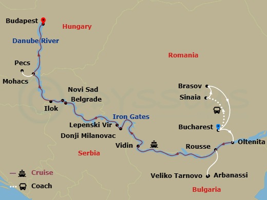 12 Night - The Danube from Romania to Budapest with in Bucharest, in Transylvania & in Budapest - Avalon Passion Tours - Starting in Bucharest, Romania, Bucharest / Sinaia / Brasov, Brasov, Brasov / Bucharest / Oltenita (Embarkation), Rousse, Bulgaria Veliko Tarnovo and Arbanassi Excursion, Vidin, Iron Gates Gorge / Golubac, Serbia Excursion to Lepenski Vir, Belgrade, Novi Sad, Ilok, Croatia, Baja, Hungary Excursion to Pecs and Mohacs, Budapest (Disembarkation), Budapest itinerary map