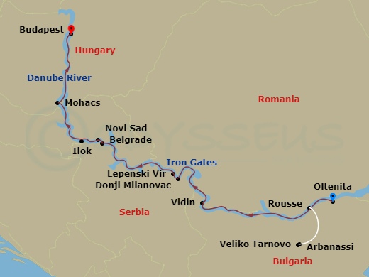 8 Night - The Danube from Romania to Budapest - Avalon Passion - Starting in Oltenita, Romania (Embarkation), Rousse, Bulgaria Veliko Tarnovo and Arbanassi Excursion, Vidin, Iron Gates Gorge / Golubac, Serbia Excursion to Lepenski Vir, Belgrade, Novi Sad, Ilok, Croatia, Baja, Hungary Excursion to Pecs and Mohacs, Budapest (Disembarkation) itinerary map