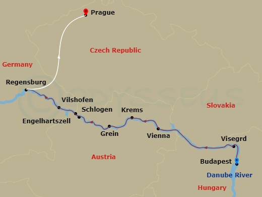 9 Night - Active & Discovery On the Danube with in Prague (Westbound) - Avalon Passion Tours - Starting in Budapest, Hungary (Embarkation) Danube Bend, Visegrad, Vienna, Austria, Vienna, Krems, Grein, Engelhartszell / Schlogen Oxbow, Vilshofen (Disembarkation) Regensburg / Prague, Czech Republic, Prague itinerary map
