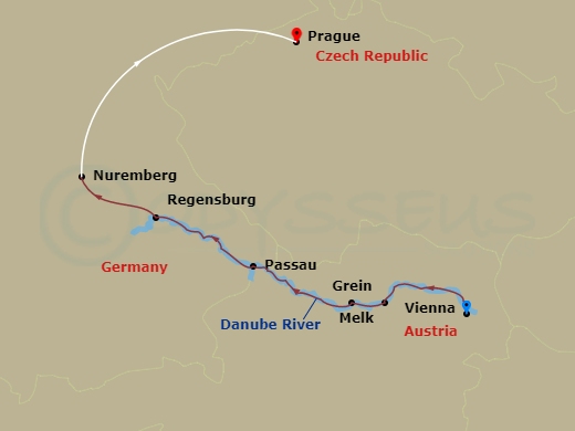 8 Night - Christmastime On the Danube with in Prague (Westbound) - Avalon Passion Tours - Starting in Vienna, Austria (Embarkation), Vienna, Melk / Grein, Passau, Regensburg, Nuremberg, Nuremberg (Disembarkation) Prague, Prague itinerary map