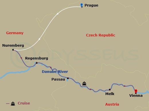 8 Night - Christmastime On the Danube with in Prague (Eastbound) - Avalon Passion Tours - Starting in Prague, Czech Republic, Prague, Prague / Nuremberg, Germany (Embarkation), Nuremberg, Regensburg, Passau, Melk, Austria, Vienna, Vienna (Disembarkation) itinerary map