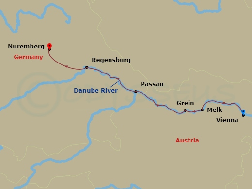 6 Night - Christmastime On the Danube (Westbound) - Avalon Passion - Starting in Vienna, Austria (Embarkation), Vienna, Melk / Grein, Passau, Regensburg, Nuremberg, Nuremberg (Disembarkation) itinerary map