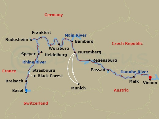 15 Night - Christmastime from Basel to Vienna - Avalon Envision - Starting in Basel, Switzerland (Embarkation), Breisach, Germany Excursion to Black Forest, Strasbourg, France, Speyer, Germany / Heidelberg Excursion, Frankfurt Excursion to Rudesheim, Main River Village, Wurzburg, Bamberg, Nuremberg, Nuremberg-excursion to Munich, Nuremberg, Regensburg, Passau, Melk, Austria, Vienna, Vienna (Disembarkation) itinerary map
