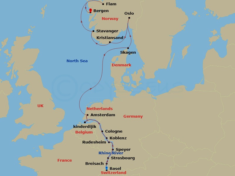 14 Night - Rhine & Viking Shores & Fjords - Viking Sigrun - Starting in Basel, Breisach, Strasbourg, Speyer, Rudesheim, Middle Rhine Scenic Sailing, Koblenz, Cologne, Scenic Sailing Waal and Merwede, Kinderdijk, Amsterdam, Sail the North Sea, Skagen, Oslo, Kristiansand, Stavanger, Flam, Norway, Bergen itinerary map