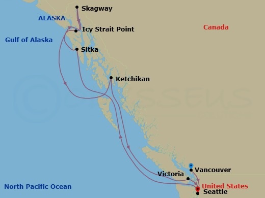 11 Night - Alaska - Vancouver - Norwegian Joy - Starting in Vancouver, Canada, Seattle, Wa, Sitka, Ak, Skagway, Ak, Cruise Glacier Bay, Ak, Icy Strait Point, Ak, Ketchikan (Ward Cove), Ak, Victoria CA, Canada, Seattle, Wa itinerary map