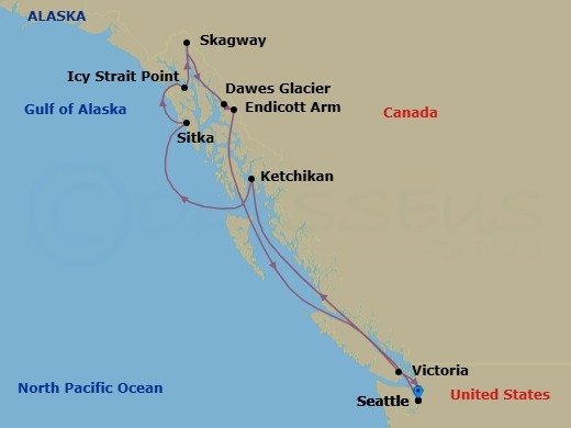 9 Night - Alaska - Seattle - Norwegian Joy - Starting in Seattle, Wa, Ketchikan (Ward Cove), Ak, Sitka, Ak, Icy Strait Point, Ak, Skagway, Ak, Endicott Arm / Dawes Glacier, Victoria CA, Canada, Seattle, Wa itinerary map