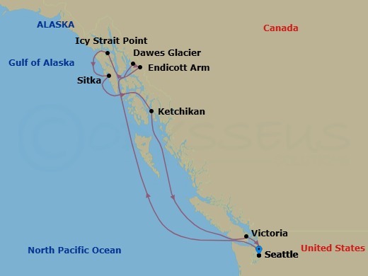 7 Night - Alaska - Seattle - Norwegian Joy - Starting in Seattle, Wa, Endicott Arm / Dawes Glacier, Icy Strait Point, Ak, Sitka, Ak, Ketchikan (Ward Cove), Ak, Victoria CA, Canada, Seattle, Wa itinerary map