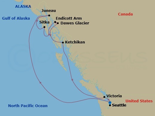 7 Night - Alaska - Seattle - Norwegian Joy - Starting in Seattle, Wa, Juneau, Ak, Sitka, Ak, Endicott Arm / Dawes Glacier, Ketchikan (Ward Cove), Ak, Victoria CA, Canada, Seattle, Wa itinerary map