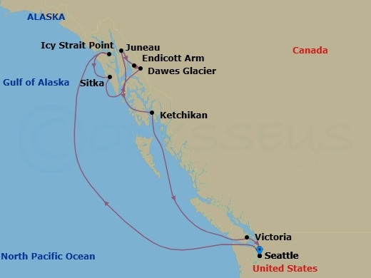 10 Night - Alaska - Seattle - Norwegian Joy - Starting in Seattle, Wa, Icy Strait Point, Ak, Sitka, Ak, Cruise Hubbard Glacier, Ak, Juneau, Ak, Endicott Arm / Dawes Glacier, Ketchikan (Ward Cove), Ak, Victoria CA, Canada, Seattle, Wa itinerary map