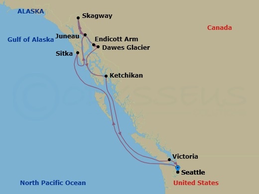 9 Night - Alaska - Seattle - Norwegian Joy - Starting in Seattle, Wa, Sitka, Ak, Juneau, Ak, Skagway, Ak, Endicott Arm / Dawes Glacier, Ketchikan (Ward Cove), Ak, Victoria CA, Canada, Seattle, Wa itinerary map