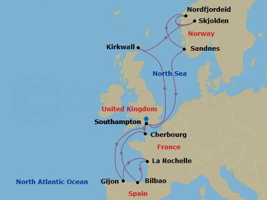 14 Night - Northern Europe - MSC Meraviglia - Starting in Southampton (London), United Kingdom, Gijon, Spain, La Rochelle, France, Bilbao, Spain, Cherbourg (Mont Saint-Michel), France, Southampton (London), United Kingdom, Kirkwall (Orkney Islands), United Kingdom, Skjolden, Norway, Nordfjordeid, Norway, Sandnes, Norway, Southampton (London), United Kingdom itinerary map