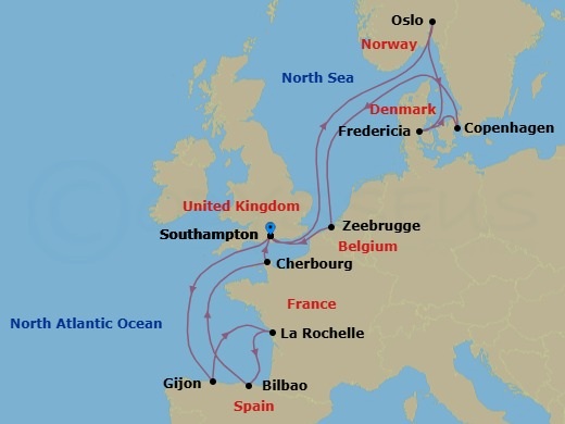14 Night - Northern Europe - MSC Meraviglia - Starting in Southampton (London), United Kingdom, Gijon, Spain, La Rochelle, France, Bilbao, Spain, Cherbourg (Mont Saint-Michel), France, Southampton (London), United Kingdom, Oslo, Norway, Fredericia, Denmark, Copenhagen, Denmark, Zeebrugge (Bruges), Belgium, Southampton (London), United Kingdom itinerary map