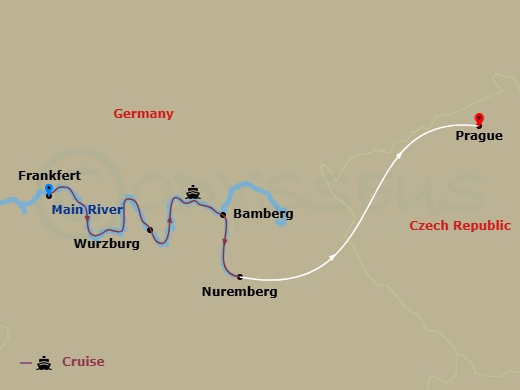 7 Night - Christmastime in the Heart of Germany with in Prague - Avalon Tranquility II Tours - Starting in Frankfurt, Germany (Embarkation), Main River Village, Wurzburg, Bamberg, Nuremberg, Nuremberg (Disembarkation) Prague, Czech Republic, Prague itinerary map