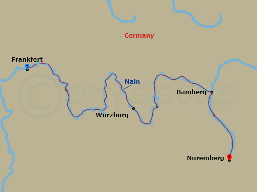 5 Night - Christmastime in the Heart of Germany - Avalon Tranquility II - Starting in Frankfurt, Germany (Embarkation), Main River Village, Wurzburg, Bamberg, Nuremberg, Nuremberg (Disembarkation) itinerary map