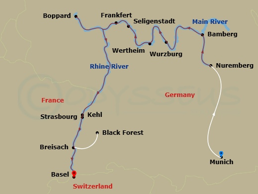 10 Night - German Grandeur with in Munich for Beer Enthusiasts (Westbound) - Avalon Tranquility II Tours - Starting in Munich, Germany, Munich, Munich / Nuremberg (Embarkation), Bamberg, Wurzburg, Wertheim, Frankfurt Excursion to Seligenstadt, Boppard, Kehl Excursion to Strasbourg, France, Breisach, Germany (Black Forest), Basel, Switzerland (Disembarkation) itinerary map