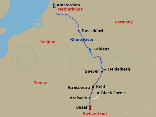 7 Night - Active & Discovery On the Rhine (Southbound) - Avalon Tranquility II - Starting in Amsterdam, the Netherlands (Embarkation), Amsterdam, Dusseldorf, Germany, Koblenz / Rhine Gorge, Ludwigshafen Excursions to Heidelberg, Kehl Excursion to Strasbourg, France, Breisach, Germany Excursion to Black Forest, Basel (Disembarkation) itinerary map