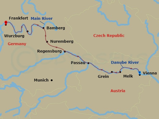 11 Night - Christmastime from Vienna to Frankfurt - Avalon Tranquility II - Starting in Vienna, Austria (Embarkation), Vienna, Melk / Grein, Passau, Regensburg, Nuremberg, Nuremberg-excursion to Munich, Nuremberg, Bamberg, Wurzburg, Miltenberg, Frankfurt (Disembarkation) itinerary map