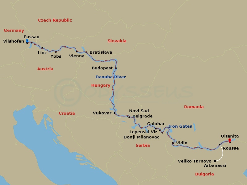 14 Night - The Danube from Germany to Romania - Avalon Tranquility II - Starting in Vilshofen, Germany (Embarkation), Passau / Schlogen Oxbow, Linz, Austria, Ybbs Excursion to Melk / Wachau Valley, Vienna, Bratislava, Slovakia, Budapest, Hungary, Budapest, Vukovar, Novi Sad, Serbia, Belgrade, Golubac / Donji Milanovac Excursion to Lepenski Vir / Iron Gates Gorge, Vidin, Bulgaria, Rousse / Veliko Tarnovo and Arbanassi Excursion, Oltenita, Romania (Disembarkation) itinerary map