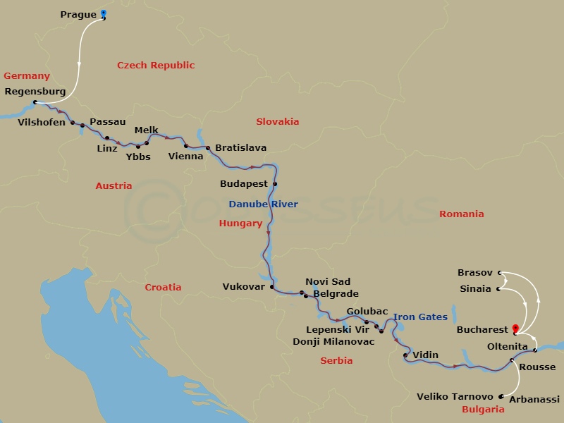 19 Night - The Danube from Germany to Romania with in Prague, in Bucharest & in Transylvania - Avalon Tranquility II Tours - Starting in Prague, Czech Republic, Prague, Regensburg, Germany / Vilshofen (Embarkation), Passau / Schlogen Oxbow, Linz, Austria, Ybbs Excursion to Melk / Wachau Valley, Vienna, Bratislava, Slovakia, Budapest, Hungary, Budapest (Disembarkation / Embarkation), Vukovar, Novi Sad, Serbia, Belgrade, Golubac / Donji Milanovac Excursion to Lepenski Vir / Iron Gates Gorge, Vidin, Bulgaria, Rousse / Veliko Tarnovo and Arbanassi Excursion, Oltenita, Romania (Disembarkation) Bucharest, Brasov, Brasov / Sinaia / Bucharest, Bucharest itinerary map