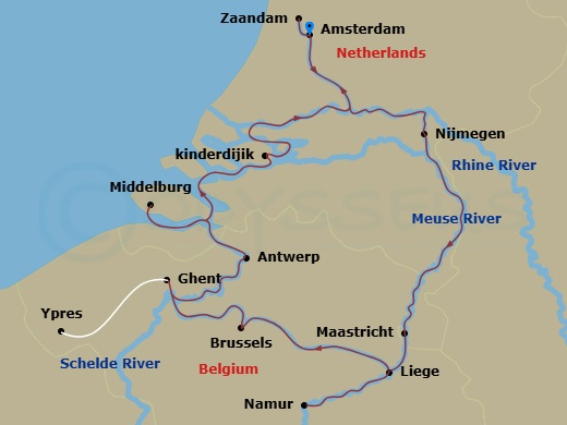 15 Night - Grand Holland & Belgium Cruise with in Amsterdam - Avalon Tranquility II Tours - Starting in Amsterdam, the Netherlands, Amsterdam (Embarkation), Nijmegen, Maastricht, Namur, Belgium, Liege, Antwerp, Brussels, Ghent, Ghent Excursion to Flanders Field Museum, Middelburg, The Netherlands, Kinderdijk, Haarlem, Amsterdam, Amsterdam (Disembarkation) itinerary map
