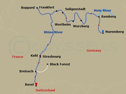 8 Night - German Grandeur for Beer Enthusiasts (Westbound) - Avalon Tranquility II - Starting in Nuremberg, Germany (Embarkation), Bamberg, Wurzburg, Wertheim, Frankfurt Excursion to Seligenstadt, Boppard, Kehl Excursion to Strasbourg, France, Breisach, Germany (Black Forest), Basel, Switzerland (Disembarkation) itinerary map