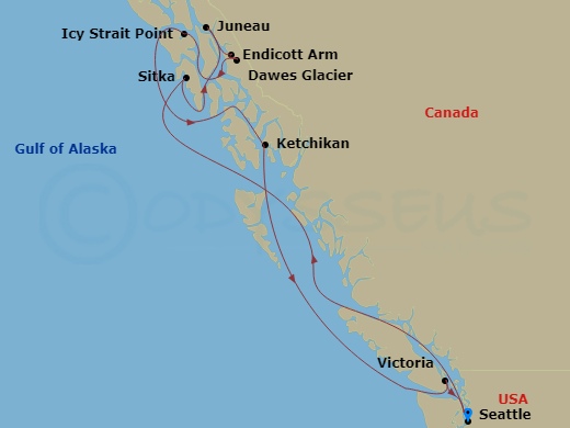 7 Night - Alaska - Seattle - Norwegian Bliss - Starting in Seattle, Wa, Sitka, Ak, Juneau, Ak, Endicott Arm / Dawes Glacier, Icy Strait Point, Ak, Ketchikan (Ward Cove), Ak, Victoria CA, Canada, Seattle, Wa itinerary map