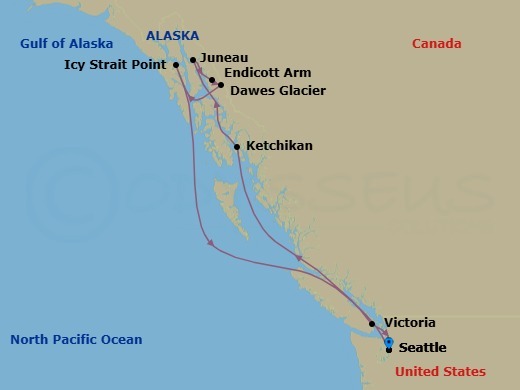 7 Night - Alaska - Seattle - Norwegian Bliss - Starting in Seattle, Wa, Ketchikan (Ward Cove), Ak, Juneau, Ak, Endicott Arm / Dawes Glacier, Icy Strait Point, Ak, Victoria CA, Canada, Seattle, Wa itinerary map