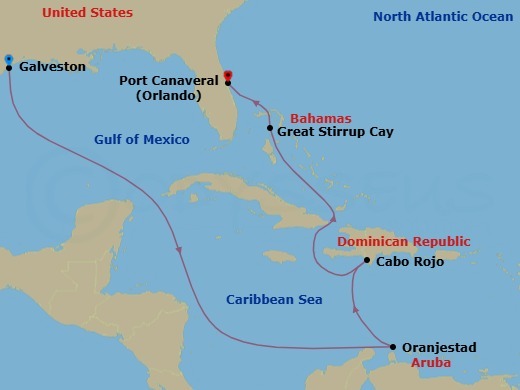 8 Night - Eastern Caribbean - Galveston - Norwegian Escape - Starting in Galveston, Texas, Oranjestad, Aruba, Cabo Rojo, Dominican Republic, Great Stirrup Cay, Bahamas, Orlando Beaches / Port Canaveral, Fl itinerary map