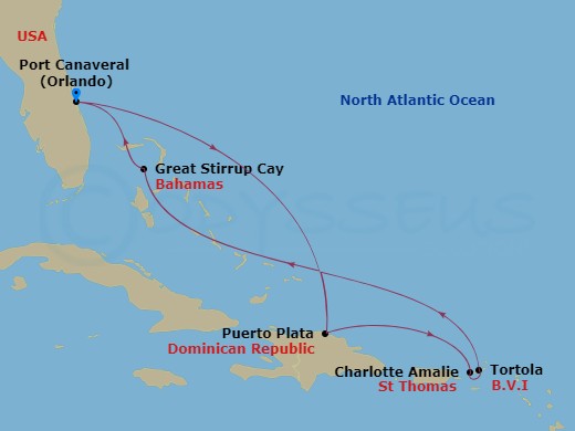 7 Night - Eastern Caribbean - Port Canaveral - Norwegian Escape - Starting in Orlando Beaches / Port Canaveral, Fl, Puerto Plata, Dominican Republic, St Thomas, Vi, Tortola, British Virgin Islands, Great Stirrup Cay, Bahamas, Orlando Beaches / Port Canaveral, Fl itinerary map
