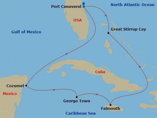 7 Night - Western Caribbean - Port Canaveral - Norwegian Escape - Starting in Orlando Beaches / Port Canaveral, Fl, Great Stirrup Cay, Bahamas, Falmouth, Jamaica, George Town, Cayman Islands, Cozumel, Mexico, Orlando Beaches / Port Canaveral, Fl itinerary map