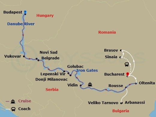 11 Night - Balkan Discovery with in Budapest, in Bucharest & in Transylvania - Avalon Impression Tours - Starting in Budapest, Hungary, Budapest (Embarkation), Vukovar, Novi Sad, Serbia, Belgrade, Golubac / Donji Milanovac Excursion to Lepenski Vir / Iron Gates Gorge, Vidin, Bulgaria, Rousse / Veliko Tarnovo and Arbanassi Excursion, Oltenita, Romania (Disembarkation) Bucharest / Brasov, Brasov, Brasov / Sinaia / Bucharest, Bucharest itinerary map
