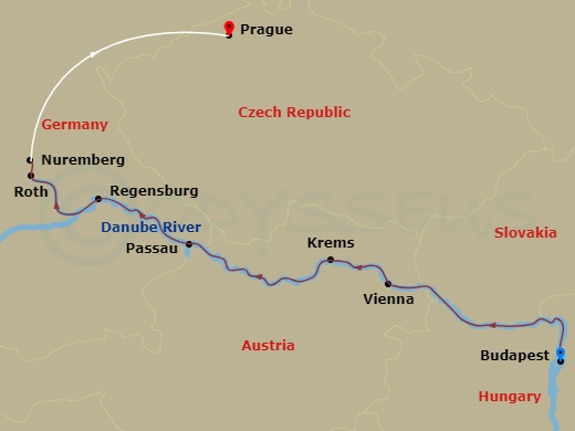9 Night - The Blue Danube Discovery with in Prague - Avalon Impression Tours - Starting in Budapest, Hungary (Embarkation), Vienna, Austria, Vienna, Krems / Wachau Valley, Passau, Germany, Regensburg, Roth Excursion to Nuremberg, Nuremberg (Disembarkation) Prague, Czech Republic, Prague itinerary map