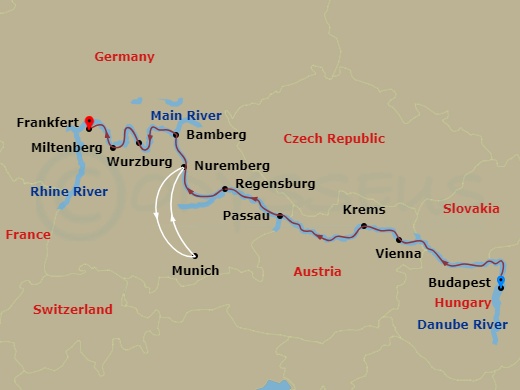 12 Night - Christmastime from Budapest to Frankfurt - Avalon Impression - Starting in Budapest, Hungary (Embarkation), Vienna, Austria, Vienna, Krems, Passau, Germany, Regensburg, Nuremberg, Nuremberg-excursion to Munich, Nuremberg, Bamberg, Wurzburg, Miltenberg, Frankfurt (Disembarkation) itinerary map