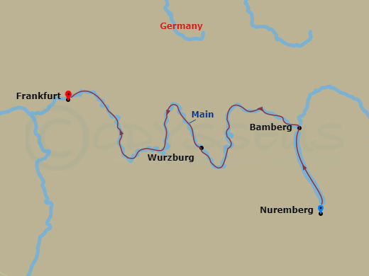 5 Night - Christmastime in the Heart of Germany - Avalon Illumination - Starting in Nuremberg, Germany (Embarkation), Nuremberg, Bamberg, Wurzburg, Miltenberg, Frankfurt (Disembarkation) itinerary map