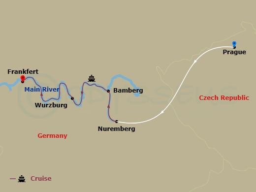 7 Night - Christmastime in the Heart of Germany with in Prague - Avalon Illumination Tours - Starting in Prague, Czech Republic, Prague, Prague / Nuremberg, Germany (Embarkation), Nuremberg, Bamberg, Wurzburg, Miltenberg, Frankfurt (Disembarkation) itinerary map