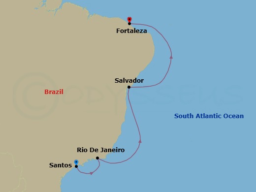 22 Night - Southern Europe from Santos to Southampton - Costa Diadema - Starting in Santos (Sao Paulo), Rio De Janeiro, Salvador Bahia, Fortaleza, Praia, Las Palmas (Gran Canaria), Casablanca, Malaga, Leixoes (Porto), Vigo, Le Havre, Dover UK (London) itinerary map