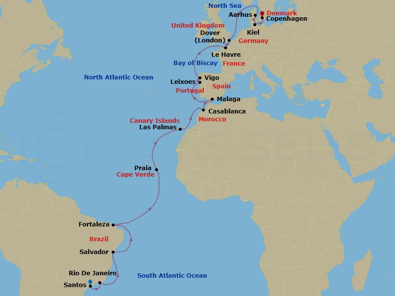 27 Night - Southern Europe from Santos to Copenhagen - Costa Diadema - Starting in Santos (Sao Paulo), Rio De Janeiro, Salvador Bahia, Fortaleza, Praia, Las Palmas (Gran Canaria), Casablanca, Malaga, Leixoes (Porto), Vigo, Le Havre, Dover UK (London), Aarhus, Kiel, Copenhagen itinerary map