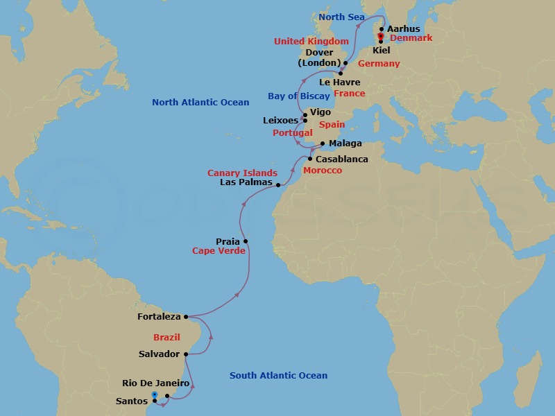 26 Night - Southern Europe from Santos to Kiel - Costa Diadema - Starting in Santos (Sao Paulo), Rio De Janeiro, Salvador Bahia, Fortaleza, Praia, Las Palmas (Gran Canaria), Casablanca, Malaga, Leixoes (Porto), Vigo, Le Havre, Dover UK (London), Aarhus, Kiel itinerary map
