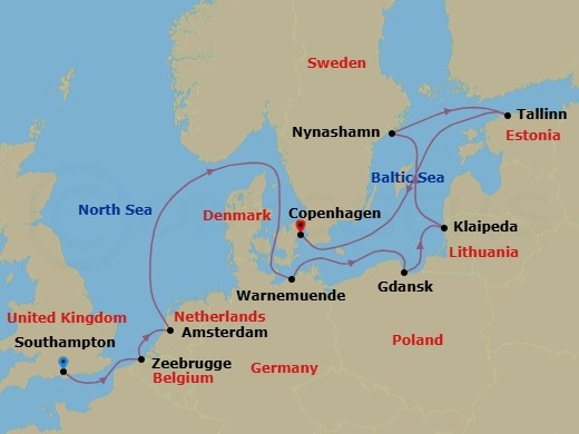 11 Night - Europe - Baltic - Norwegian Getaway - Starting in London (Southampton), United Kingdom, Zeebrugge / Brussels / Brugge, Belgium, Amsterdam, Netherlands, Warnemunde / Berlin, Germany, Gdynia / Gdansk, Poland, Klaipeda, Lithuania, Nynashamn / Stockholm, Sweden, Tallinn, Estonia, Copenhagen, Denmark itinerary map