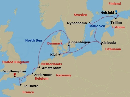 11 Night - Europe - Baltic - Norwegian Getaway - Starting in Helsinki, Finland, Tallinn, Estonia, Nynashamn / Stockholm, Sweden, Klaipeda, Lithuania, Hamburg (Kiel), Germany, Copenhagen, Denmark, Amsterdam, Netherlands, Zeebrugge / Brussels / Brugge, Belgium, Le Havre / Paris, France, London (Southampton), United Kingdom itinerary map