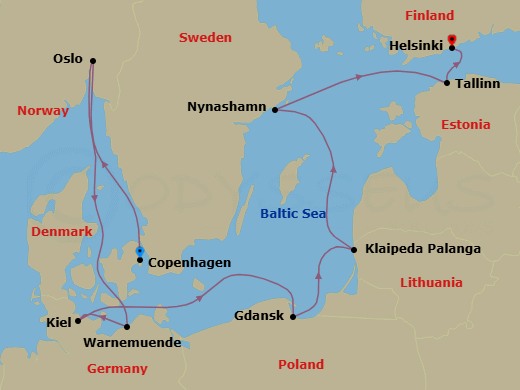 9 Night - Europe - Baltic - Norwegian Getaway - Starting in Copenhagen, Denmark, Oslo, Norway, Warnemunde / Berlin, Germany, Hamburg (Kiel), Germany, Gdynia / Gdansk, Poland, Klaipeda, Lithuania, Nynashamn / Stockholm, Sweden, Tallinn, Estonia, Helsinki, Finland itinerary map